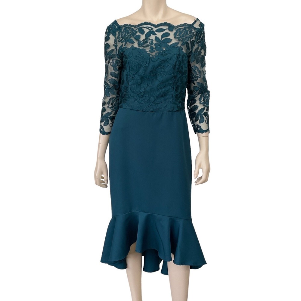 Chi Chi London Dress Size 8 Blue Lace Floral Pencil Hi-Low Sheath Midi Teal NWOT